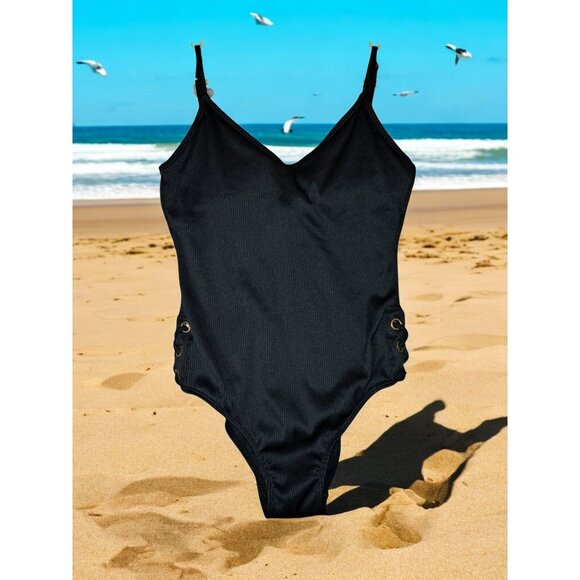 True Craft Black One-Piece Ribbed V-Neck Decorative Lace Detail Size Large Swims - Picture 1 of 16
